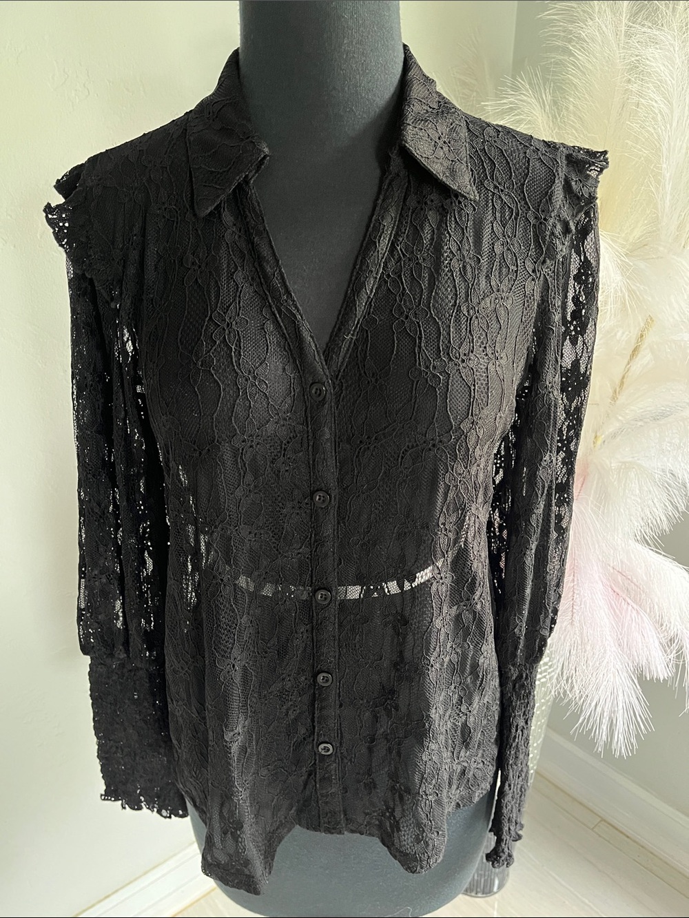 Alice + Olivia Black Lace Button-Down Top